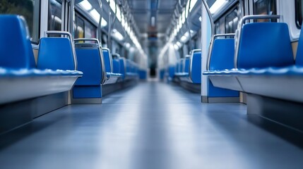 Aufkleber - Interior view of an empty subway train with blue seating and clean lines inviting peaceful travels : Generative AI