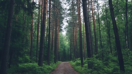Aufkleber - A tranquil forest pathway surrounded by tall trees and lush greenery inviting exploration : Generative AI