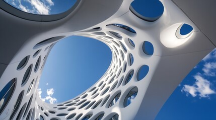 Aufkleber - Innovative architectural design featuring unique shapes and patterns with a bright blue sky above : Generative AI
