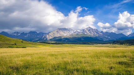Poster - Breathtaking landscape of mountains and a vast green field under a dramatic sky filled with clouds : Generative AI