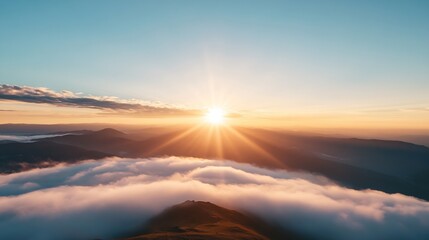 Poster - Breathtaking view of sunrise over mountains with mist and golden rays illuminating the landscape : Generative AI