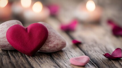 Poster - Beautiful heart shaped stones and rose petals on a rustic wooden surface set the mood for love and romance : Generative AI