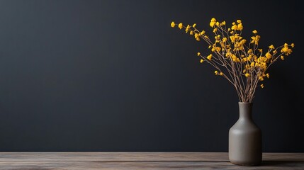 Poster - Stylish dried flower arrangement in grey vase set against dark wooden backdrop : Generative AI