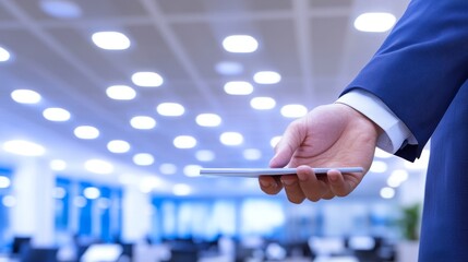 Aufkleber - Business professional holding smartphone in modern office environment with bright lighting