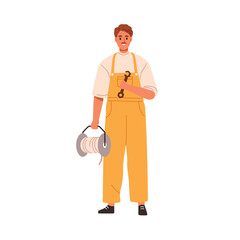 Aufkleber - Technician, repair worker. Professional repairman, builder standing, holding coiled rope, cable and wrench. Master with work tools in hands. Flat vector illustration isolated on white background