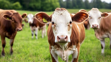 Poster - Curious brown and white cow standing in a lush green field with herd in background : Generative AI