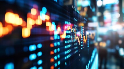Leinwandbilder - Closeup of digital stock market trends with vibrant colors highlighting fluctuating data and financial activity : Generative AI