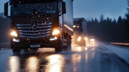Poster - Heavy trucks transporting goods on a rainy highway during twilight with drops on the windshield : Generative AI