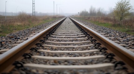 Poster - Close up perspective of railway tracks leading into a foggy landscape during a tranquil morning : Generative AI