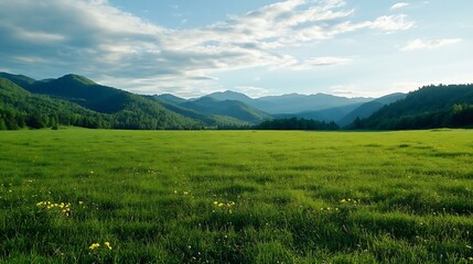 Poster - Expansive green meadow surrounded by majestic mountains under a bright blue sky with scattered clouds : Generative AI