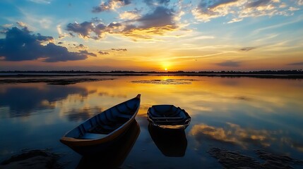 Poster - Two colorful boats resting on calm water during a vibrant sunset with dramatic clouds : Generative AI