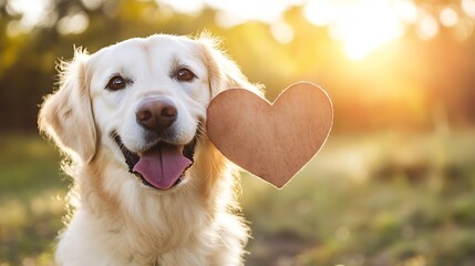 Poster - Cheerful golden retriever holding a wooden heart showcasing love and companionship : Generative AI