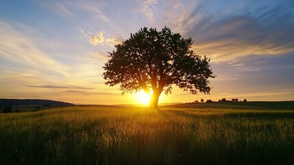 Poster - Majestic silhouette of a tree at sunset surrounded by golden fields of grass : Generative AI