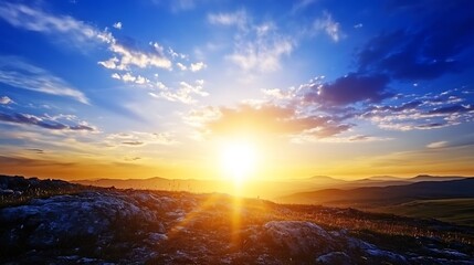Poster - Stunning sunrise over mountains with vibrant orange and blue sky reflecting on nature's beauty : Generative AI