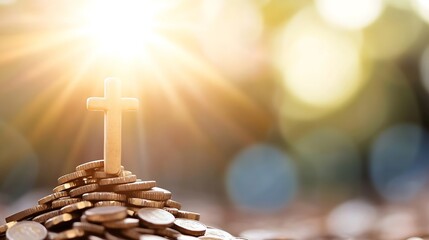 Poster - Cross placed on a mound of coins with sunlight shining creating a symbolic image of faith and prosperity : Generative AI