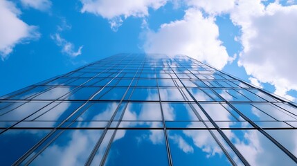 Aufkleber - Majestic view of a modern skyscraper reflecting clouds against a bright blue sky : Generative AI