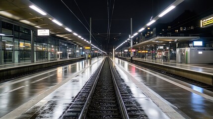 Aufkleber - Nighttime Train Station Scene with Empty Tracks and Reflections on Wet Surfaces : Generative AI