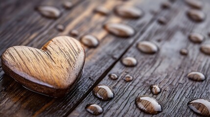 Fototapete - Beautiful wooden heart on wet surface surrounded by raindrops creating an artistic effect : Generative AI