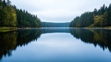 Poster - Tranquil landscape of a serene lake surrounded by lush trees and soft reflections in the water : Generative AI