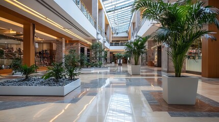 Poster - Bright and airy shopping mall interior with lush greenery and natural light : Generative AI