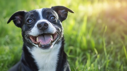Poster - Happy black and white dog smiling in lush green grass during a sunny day showcasing joy and vitality : Generative AI