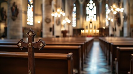 Poster - The interior of a historic church featuring a wooden cross and elegant stained glass windows : Generative AI