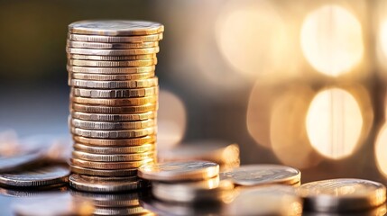 Leinwandbilder - Stack of shiny golden coins arranged neatly against a blurred background creating a wealth motif : Generative AI