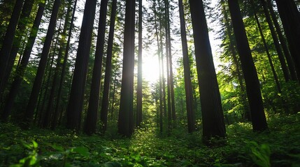 Poster - Sunlight Filters Through Tall Trees in a Lush Green Forest Scene for Nature Lovers : Generative AI