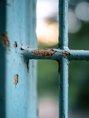 Fototapete - Closeup of rusty blue metal bars with soft background blurred foliage : Generative AI