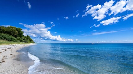 Fototapete - Scenic Tropical Beach with Crystal Clear Water and Lush Greenery Under Blue Sky : Generative AI