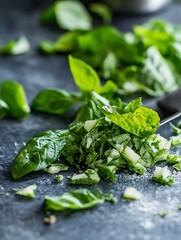Poster - Chopped fresh greens on stone surface ready for a healthy meal preparation : Generative AI