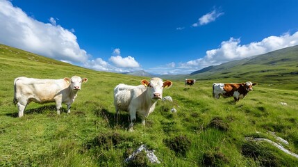 Poster - A group of cows grazing in a lush green pasture under a bright blue sky with fluffy clouds : Generative AI