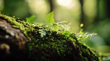 Poster - Lush Green Moss Covered Log Surrounded by Fine Ferns and Forest Light : Generative AI