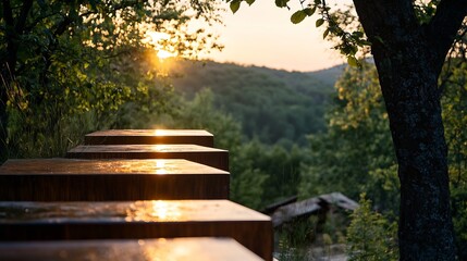 Poster - Sunrise over a tranquil landscape with wooden benches in the foreground surrounded by lush trees : Generative AI
