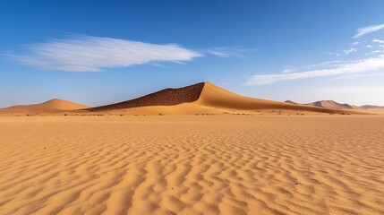 Poster - Expansive desert landscape featuring golden sand dunes under a blue sky with scattered clouds : Generative AI