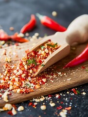Aufkleber - Colorful chili flakes spilling from a wooden scoop on a dark kitchen counter showcasing culinary art : Generative AI