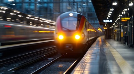 Aufkleber - Motion shot of a train arriving at a station with bright lights and a modern urban environment : Generative AI