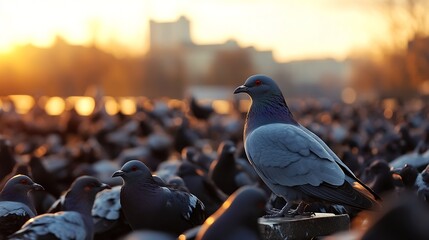 Fototapete - Pigeons Gathering at Sunset with Glowing Cityscape in Background : Generative AI