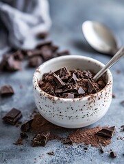 Poster - Mouthwatering bowl of rich dark chocolate pieces and cocoa powder on a textured surface : Generative AI