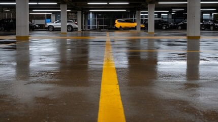 Aufkleber - Wet floor of an urban parking garage reflecting lights and yellow lines during a rainy day : Generative AI