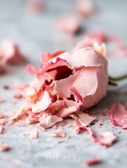 Poster - Delicate Pink Rose Petals Laying on Wooden Surface with Soft Focus Background for Natural Aesthetic : Generative AI