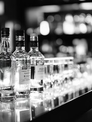 Aufkleber - Elegant display of various whiskey bottles arranged on a bar counter with soft glowing lights : Generative AI