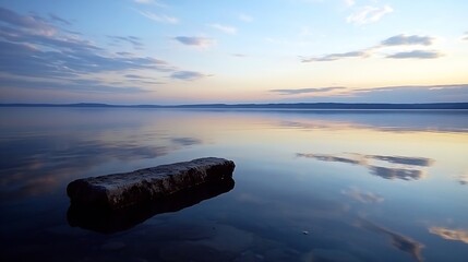Poster - Serene lake view at sunset with a calm atmosphere featuring a stone in the water reflecting the soft hues of dusk : Generative AI