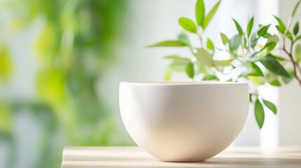 Poster - Elegant white bowl on wooden table surrounded by lush green plants and natural light : Generative AI