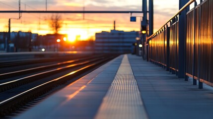 Aufkleber - Train station platform at sunset with warm colors illuminating the scene : Generative AI