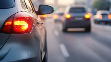 Poster - Close Up of Car Rear Light in Traffic During Busy Evening Commute with Urban Vibe : Generative AI