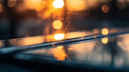 Fototapete - Abstract closeup view of a sunlit glass surface capturing warm glowing bokeh effects in an outdoor setting : Generative AI