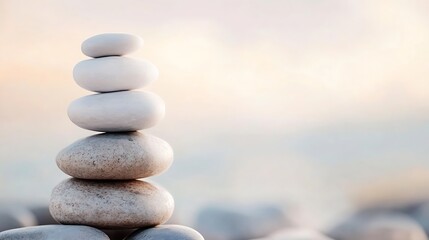 Aufkleber - Tranquil balance of smooth stones stacked elegantly over a soft blurred background : Generative AI