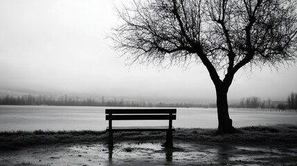 Aufkleber - A lonely bench under a bare tree by the lakeside on a misty and gloomy day : Generative AI