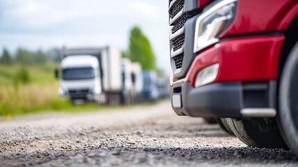 Poster - Close up view of modern trucks on a gravel road with focus on the front of a red vehicle : Generative AI